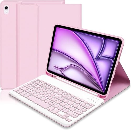 KTOITION Magnetic Detachable Keyboard Case for iPad Air 11 2025 (M3)/2024 (M2) & 5th/4th Gen 2022-2020 | Slim Protective Cover with Pencil Slot | UK Layout | 10.9/11 Inch(Pink)