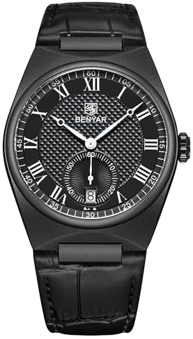 BENYAR 5199 Herren Quarz-Armbanduhr Edelstahlgehäuse Lederband Kleine Sekunde Wasserdicht Business Analog Sportuhr Datum, Schwarz, Klassisch