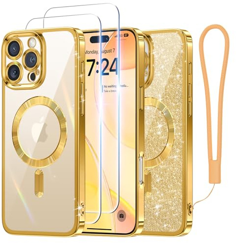 Meifigno Hülle Entwickelt für iPhone 16 Pro, [Kompatibel mit MagSafe][2 Displayschutzfolien] [Glitzerkarte & Handschlaufe] Vollständiger Kameraschutz Entwickelt für 6.3 Zoll Handyhülle, Gold
