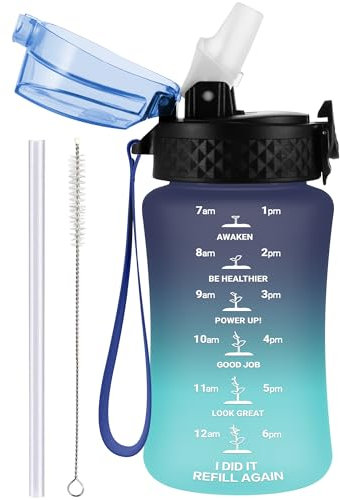 GOPPUS 350ml/12oz Kids Water Bottle With Straw Tritan Drinks Bottle with Strap Small Toddler Juice Bottles with Flip Top Lid Leakproof Children's Bottles with Time Marking Spillproof BPA free Girl Boy