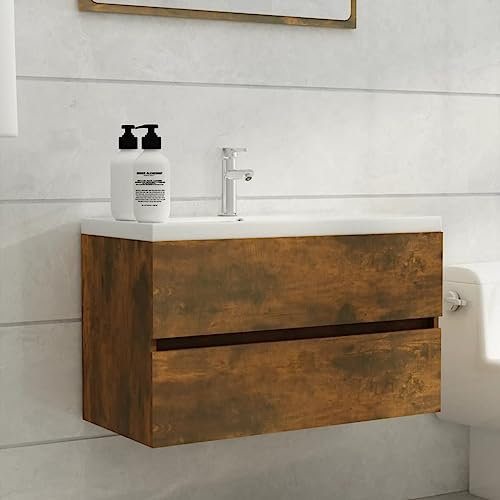 TREISL Muebles de baño roble ahumado 80 x 38,5 x 45 cm madera multicapa mueble bajo lavabo espacio adicional armario de baño aspecto ordenado mueble lavabo robusto muebles multifuncionales