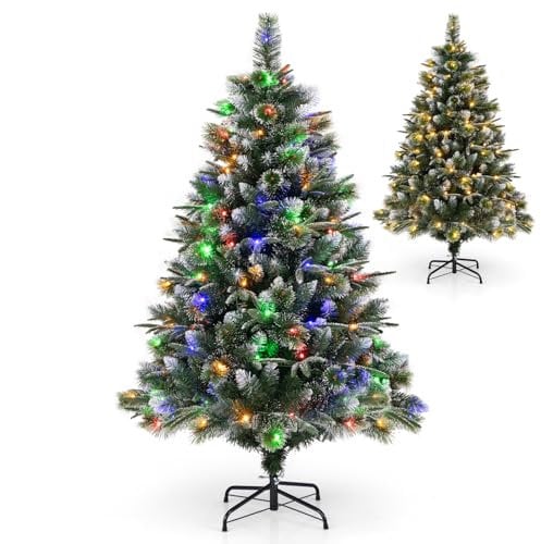 COSTWAY 5FT/6FT Pre-Lit Christmas Tree, Hinged Artificial Xmas Tree with 140/210 LED Lights, 476/856 Branch Tips and 9 Lighting Modes, Office Home Holiday Decoration Tree (5FT)