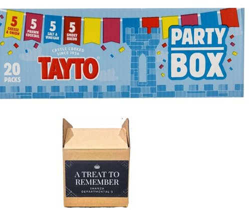 Tayto Crisps Party Box 20 Pack | Mixed Flavours | Prawn Cocktail | Cheese and Onion | Smoky Bacon | Salt & Vinegar | Christmas Present Ideas