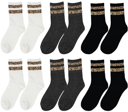 SSKHE 6 Paar Leopardenmuster Damensocken Leopard Crew Socken Baumwolle Crew Socken mit Leopardenmuster und Streifen Sportsocken für Fitnessstudio und Freizeitkleidung Größe 35-42, Schwarz, Weiß, Grau,