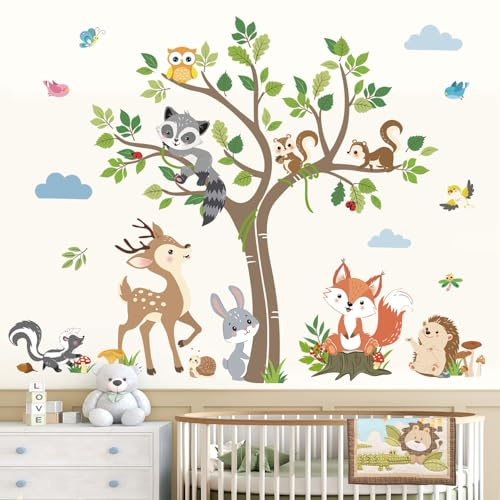 decalmile Wandsticker Waldtiere Baum Wandtattoo Hirsche Fuchs Eichhörnchen | Abziehbare und Aufklebbare Wandaufkleber, DIY Abnehmbare Wandkunst Abziehbilder, Wandfreundlich, Leuchtenden Farben