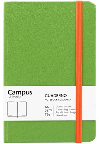 Campus Notizbuch A6, Bullet Journal mit glatten Blättern, genähtes Notizbuch mit festem Einband, 96 Blatt à 75 g, elastischer Verschluss, Tasche und Lesezeichen (A6, glatt, grün)