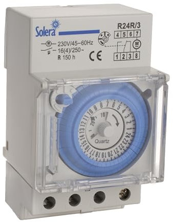 Solera® Interruptor horario 24h analógico 16A 3 módulos (54mm) 230V • Reserva 150h step 15min • 1NO+1NC • Montaje DIN 35mm • Resistencia 960°C • Cert. CE UK CMim • R24R_3 (1 unidad)