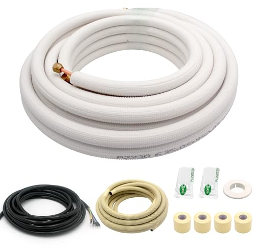33FT Mini Split Line Set 1/4*3/8 OD HVAC Copper Tube Pipe Extension,3/8 Thickened PE Insulation Coil Air Conditioner Twin Copper Line Heating Equipment Hose with Flared Nuts (33FT (1/4+3/8) with wire)