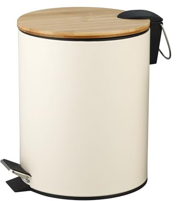 Amig - Pattumiera da bagno con pedale 5 litri Mod. Naturline - Colore bianco e bambù - Apertura igienica senza mani - Ø20 x 26 cm - Acciaio inox laccato - Cestino rotondo con coperchio ermetico