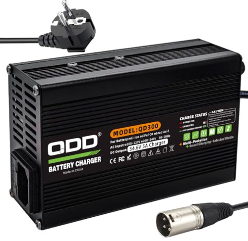 QDD Chargeur de Batterie 54,6V 5A pour Pack de Batteries au Lithium 13 S 48 V Sortie Connecteur XLR 3 Broches (1 + 2-)