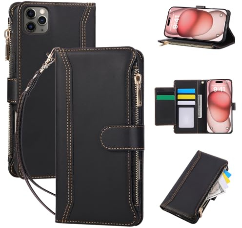 Jeffene Wallet Case for iPhone 14 Pro with Lanyard - Shockproof Magnetic Flip Case with Card Holder & Zipper Pocket | Protective PU Leather Phone Cover with Kickstand for Women & Men (Black)​