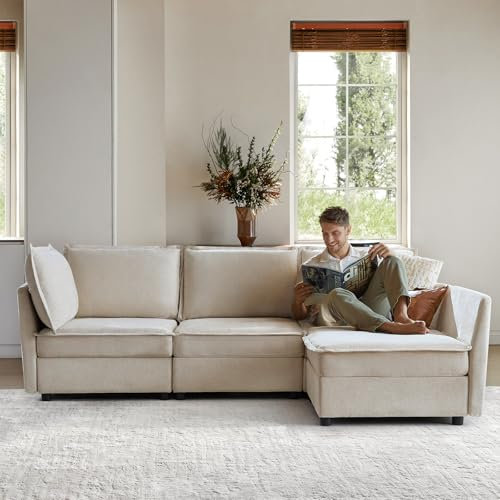 HULALA HOME L-Shaped Modular Sectional Sofa, 3 Seater Sofa with Chaise, Modern Comfy Sofa Couch with Extra Deep Seat, 4 Seat Convertible Sectional Sofa for Living Room, Beige