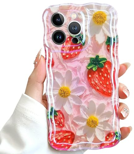 NITITOP Compatible with iPhone 13 Pro Max Case Cute Colorful Retro Oil Painting Flower Floral Glossy Pattern Laser Beam Women Girls Curly Wave Frame Soft Shockproof Protective Cover - Strawberry