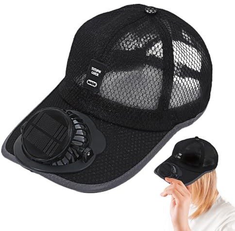 Solar Fan Hat, Mesh Baseball Cap with Solar Powered Fan, Breathable Lightweight Cooling Fan Hat, UV Protection Rechargeable Hats for Camping, Cycling, Running Black