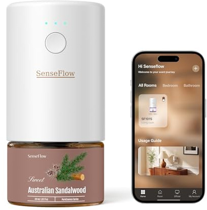 SenseFlow Aroma Diffuser für Ätherische Öle WiFi SF101S Pro, Wasserloser Ultraschall Duftstecker Raumduft, 100% pflanzlich Lufterfrischer, 120 Tage Aroma für Zuhause bis 100m²-Australisches Sandelholz
