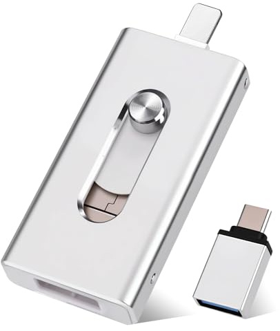 USB Stick 128GB für iPhone, MFi Zertifiziert 4-in-1 Speicherstick für iPhone/iPad/Android/PC, USB C & L OTG Flash Drive, Plug & Play Backup für Fotos & Videos, Silber (128GB)