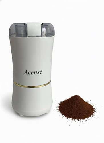 Acense Electric Coffee Bean Grinder, Black, Stainless Steel, 150W Motor, One-Touch Operation, for Espresso, Latte, Herbs, Spices (White)