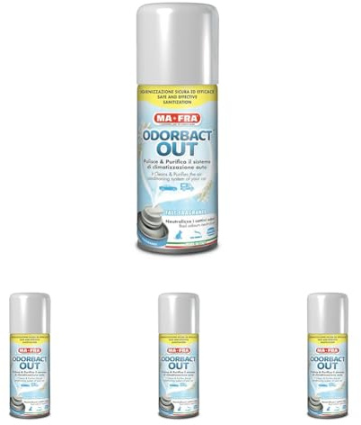 Ma-Fra Odorbact out Talc Fragrance, Spray Purificante per Climatizzatori Auto, Neutralizza i Cattivi Odori e Rilascia Una Piacevole Fragranza al Talco, Formato 150ml (Confezione da 4)