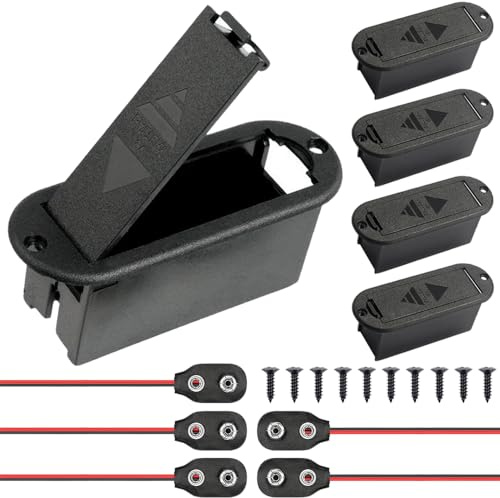 HAAMNING7 Active Guitar Bass 9V Battery Box Case Compartment, 9-Volt Battery Holder for Active Guitar Bass Pickup Replacement Tool with I-Type Battery Connector Wire (5 Pack)