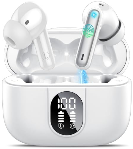 Wireless Earbuds, Bluetooth 5.3 Headphones HiFi Stereo, 40H Playtime, White | Mini 2026 Bluetooth Earbuds with ENC Noise Cancelling Mic, IPX7 Waterproof Wireless Earphones with LED Display, Touch Control