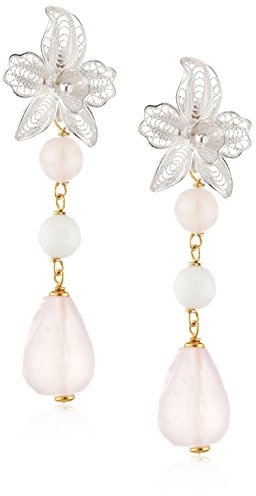 MISIS - Orecchini Donna Ragazza in Argento 925 con catena placcata Oro 18kt - Fiore con Pietra Quarzo Rosa e Agata Bianca - Made in Italy