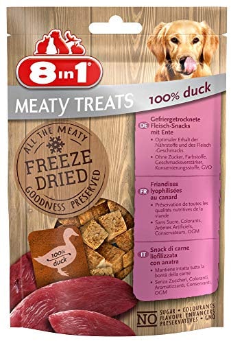8in1 Meaty Treats, gefriergetrocknete Hunde Leckerlis aus Ente, 100% Fleisch, getreidefrei und ohne Zucker, 50 g Beutel