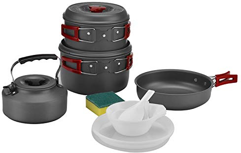 Bulin Camping-Kochgeschirr-Set, Rucksack, tragbar, Lagerfeuer, Kochtöpfe, Pfannen, Wasserkocher-Set, leicht, langlebig, für offene Feuer, Wandern, im Freien (BPA-freie Schüsseln, Teller), 9 Stück