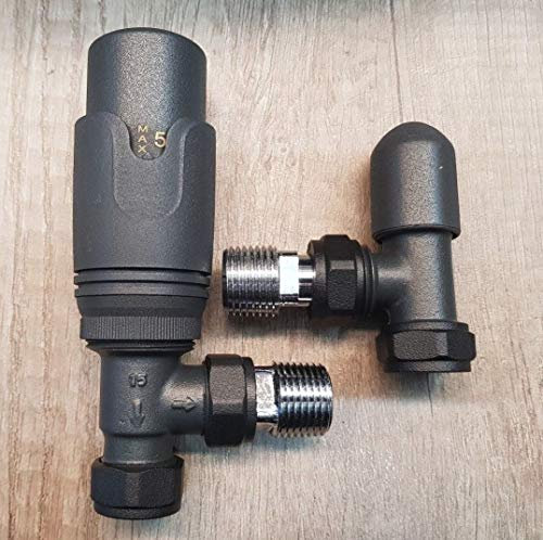 Teams Anthracite Angled Towel Rail Thermostatic Radiator Valves TRV Lockshield Pair