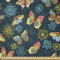 ABAKUHAUS Blumen Stoff als Meterware, Schmetterlinge und Blumen, ausdehnbar mit Elestan für Heimwerkarbeiten und Näharbeiten, 2Meters, Blau Gelb