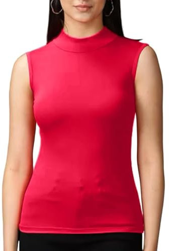 R&N FASHIONS -Women’s Stretchy Polo Turtle Neck Plain Top Ladies Sleeveless Casual Wear Top - Fashionable Jumper - Pull-on Style No Sleeves - Great (red, 12-14)