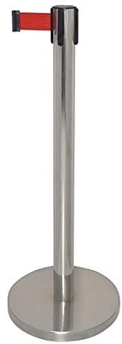 Bolero Polierte Absperrung mit rotem Gurt 3m, 935(H)mm, Edelstahl, Versenkbare Gurtabsperrung, Warteschlangenabsperrung mit 8 kg beschwertem Boden - Kneipen, Clubs, Veranstaltungen, Hochzeiten, GG723
