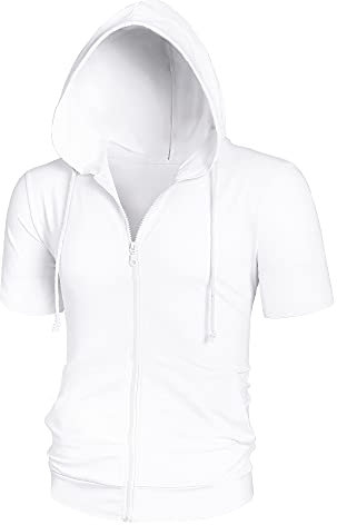 Lars Amadeus Men's Hoodies Solid Color Zip Up Short Sleeve Jackets with Hood White M