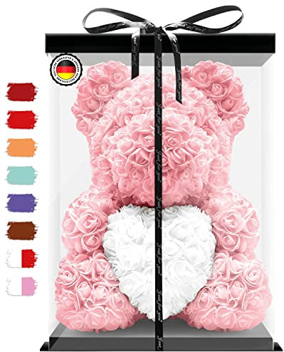 Birkental Rosen Bär - extra großer 40-45cm handgemachter Rosenbär mit Herz und Geschenkbox - Blumenbär als Geburtstagsgeschenk für Frauen, Freundin, Geburtstag, Rose Bear Teddybär (Weiß Herz Rot)