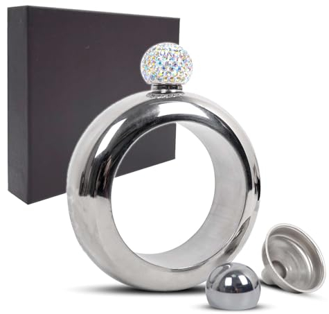 Hip Flask for Women Men, Rigrer Bangle Bracelet Flask Hip 304 Stainless Steel 3.5 oz Funnel Set with Liquids & Crystal Lid, Pocket Wrist Flask in Gift Box for Birthday Party-Silver