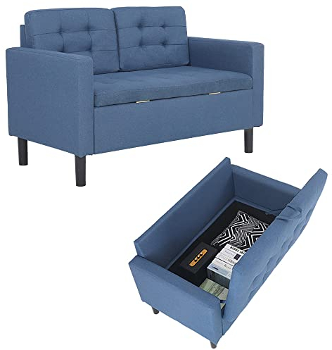 Mingone 2-Sitzer Sofa mit Lehne, Stauraum und Abnehmbarem Kissen - Modernes Leinen Loungesofa für 1-2 Personen, Blau