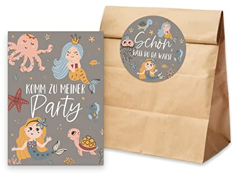Nastami 10 x Einladungskarten Kindergeburtstag + 10 Tüten inkl. Sticker Mitgebsel Kindergeburtstag (Meerjungfrau)