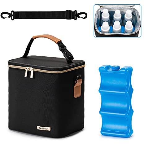 BABEYER Muttermilch-Kühltasche mit Eisbeutel, passend für 6 Babyflaschen bis zu 266 ml, Babyflaschentasche mit Schultergurt für stillende Muttertagesstätte, Schwarz