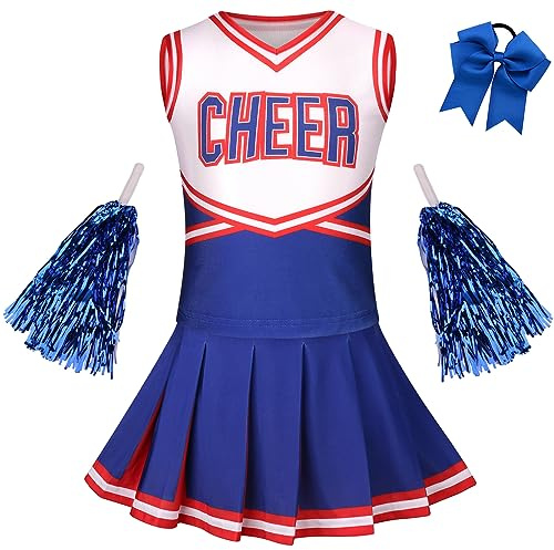 GRAJTCIN Girls Cheerleader Costume Kids Cheer Uniform Cheerleading Outfit Halloween Fancy Dress for 8-10 Years (140, Blue)