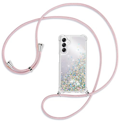 Ptny Hülle kompatibel mit Samsung Galaxy A14 5G Hülle mit Band zum Umhängen, Glitter Handyhülle Flüssig Treibsand, Handyhülle Stoßfest Silikon Transparent Hülle mit Kette für Samsung Galaxy A14 5G