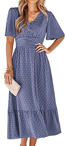 BebreezChic Vestito Donna Lunghi Elegant Scollo a V Maniche Corto Abito Swiss DOT Abito MidiDress Tinta Unita Casual, Blu Viola XL