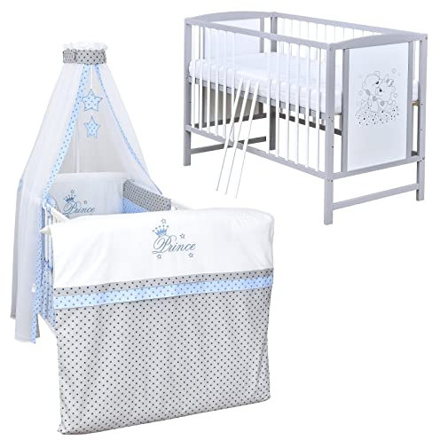 Baby Delux Babybett Komplett Set Kinderbett Mia 120x60 weiß grau Matratze Bettwäsche Set mehrteilig (Prince Grey Stars)
