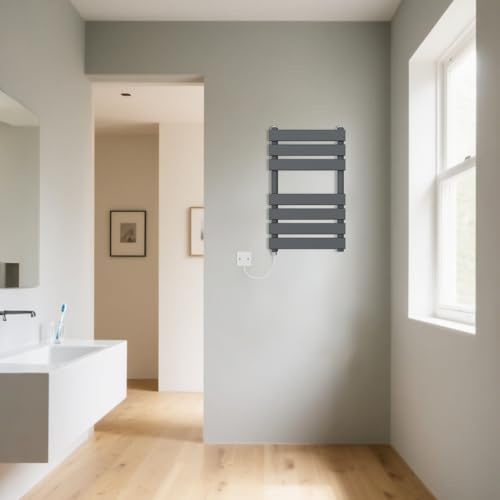 Warmehaus Prefilled Electric Heated Towel Rail Flat Panel Bathroom Ladder Radiator Sand Grey 300W 650 x 400mm