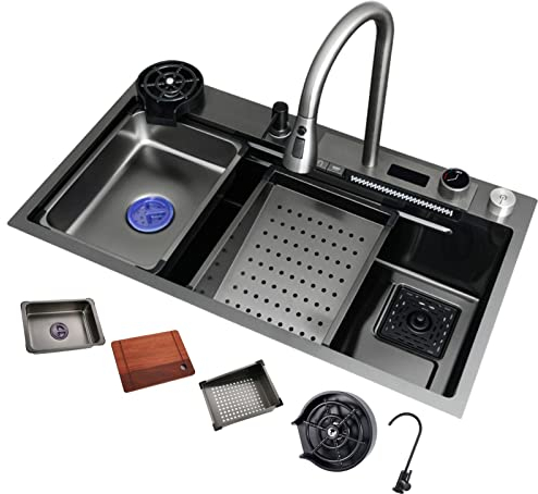 Fregadero de cocina tipo cascada, fregadero de cocina de acero inoxidable de un solo tazón, instalación integrada o de base, con grifo de extracción (Color : Black-Grey, S : 680x460mm)