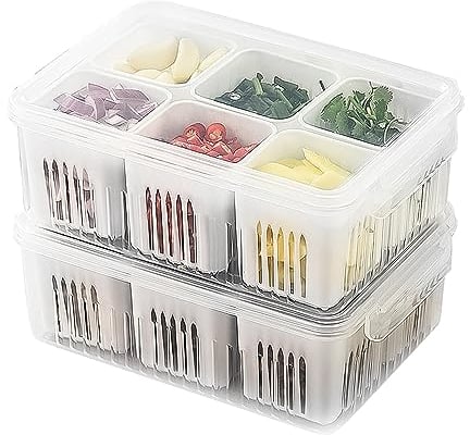 Shineyoo 2PCS Fridge Food Storage Containers with 6 Pcs Detachable Drain Basket Fridge Storage Organiser Fruit Storage Containers for Fridge Vegetables Sealed Keeper for Ginger Garlic Onion