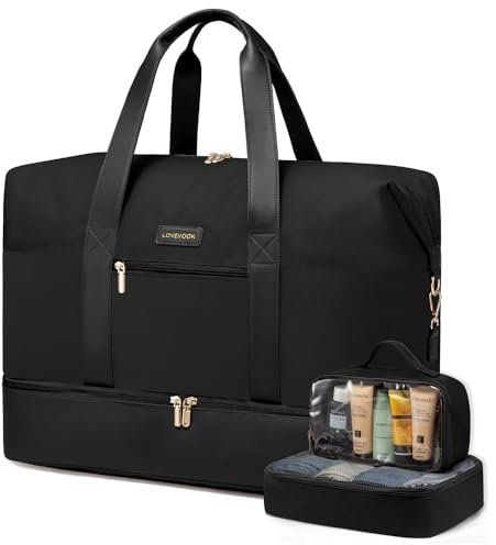 LOVEVOOK Travel Bags for Women, Waterproof Overnight Weekend Duffle Gym Maternity Holdall Bag with Shoes Compartment & Trolley Sleeve, Cabin Carry On Flight Bag, Black