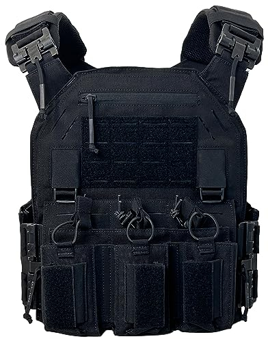 ULIONTAC Taktischer Plattenträger Taktische Weste 1000D Nylon mit 556 Magazintasche Leichte Schutzweste Schnellverschlusssystem MOLLE Kompatibler Plate Carrier für Paintball (Schwarz)