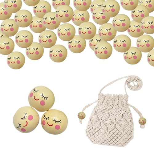 Smile Face Holzperlen,50 Stück Holzkugeln mit Gesicht Engel,20mm Große Naturholzperlen Runde Lose Perlen Mit Lächelngesicht Für DIY Puppenkopf,Schlüsselanhänger,Engel,Handwerk Und Schmuckherstellung