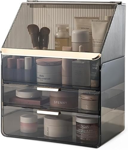 Kousee Makeup Organiser Storage, X-Large Acrylic Skincare Organizer Drawers Beauty Holder Cosmetic Organizers for Bathroom, DressingTable Organiser Dustproof Waterproof- Black