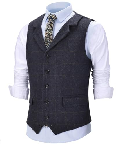 Herren Weste Vintage Plaid Wolle Tweed Anzug Weste Kerbe Revers Weste Trauzeugen Party Abschlussball, marineblau, S