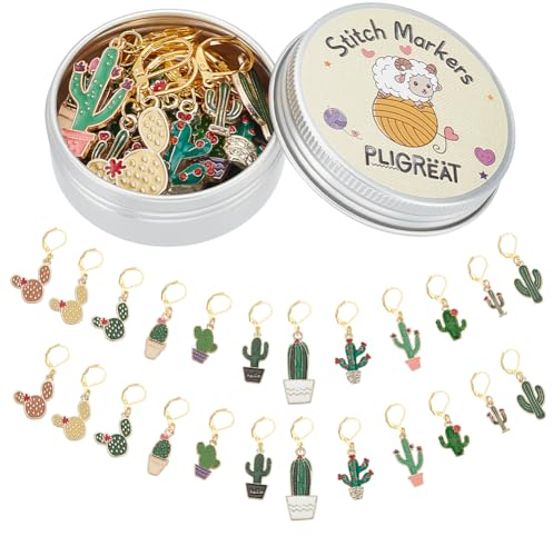 PLIGREAT 24 Stück Emaille Kaktus Charms Stitch Markers Set Häkeln Locking Stitch Marker Stricken Stitch Counter DIY Ohrringe Halskette Handwerk Schmuck Zubehör Geschenk für Frauen Stricker